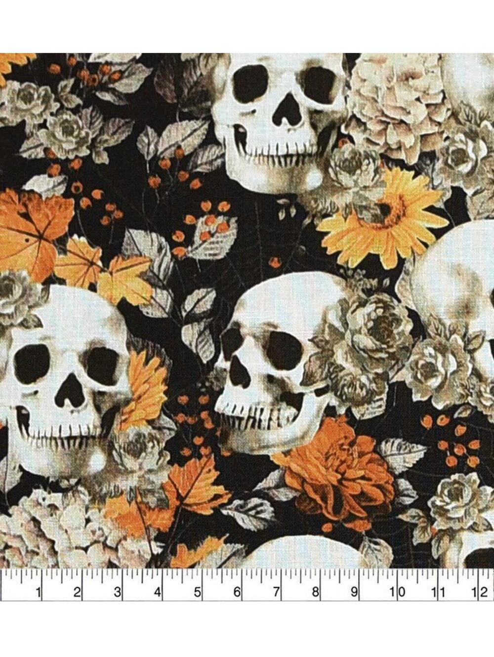 Skulls Fall Floral on Black Novelty 45” Cotton Fabric  by the 1/2 Yard
